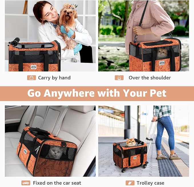 Lekereise Cat Carrier with Wheels for Small Pet, Airline Approved Dog Carrier with Wheels, Rolling Dog Cat Carrier, Orange