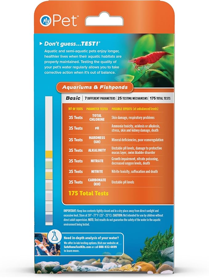 My Pet® 7-Way Aquarium & Fishpond Test Kit – 25-Strips/Kit Test Freshwater or Saltwater – pH, GH, KH, Alkalinity, Nitrate, Chlorine & Nitrite