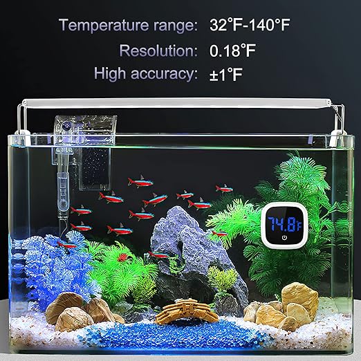 JXTZ Aquarium Thermometer, Digital LED Fish Tank Thermometer with Touch Buttons, High Accuracy Stick-on Thermometer, Energy-Saving, Range of 32℉-140°F, for Fish, Axolotl, Turtle, Aquatic, Planted