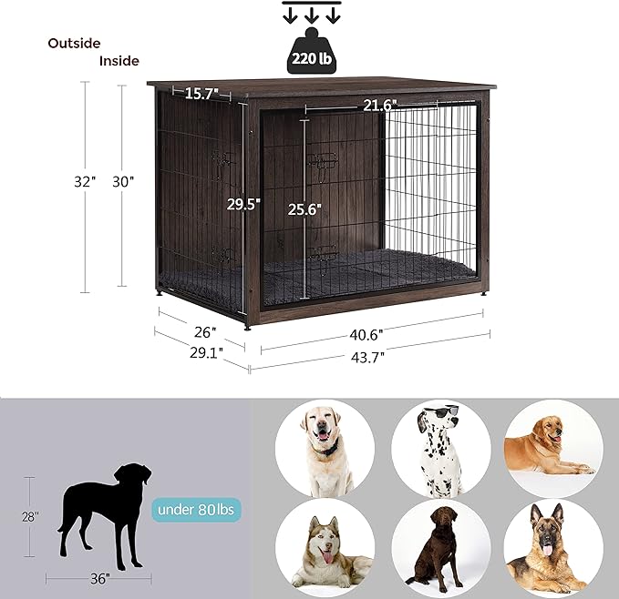 DWANTON Dog Crate Furniture with Cushion, XL Wooden Dog Crate with Double Doors, Large Dog Crate Furniture, Dog Kennel Indoor, End Table, Extra Large, 43.3" L, Dark Grey