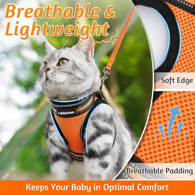 rabbitgoo Cat Harness and Leash Set for Walking Escape Proof, Adjustable Soft Kittens Vest with Reflective Strip for Cats, Comfortable Outdoor Vest,Light Orange,M