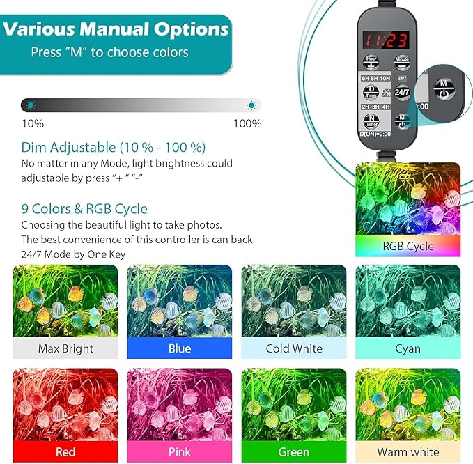 LED Aquarium Light, 24/7 Full Spectrum Dimmable Submersible Light 30-36 inch 30 W for 25/30/35 Gallon Fish Tank, Day+Night Mode DIY Timer Auto On Off, HD Brightness 8 Colors RGB Mode