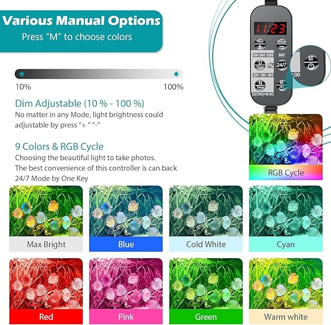 LED Aquarium Light, 24/7 Full Spectrum Dimmable Submersible Light 24-30 inch 24W for 20/25/30 Gallon Fish Tank, Day+Night Mode DIY Timer Auto On Off, HD Brightness 8 Colors RGB Mode
