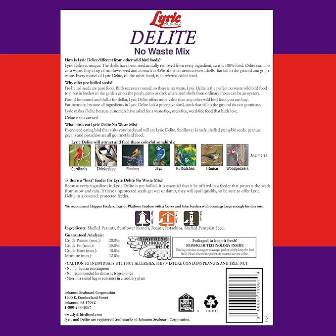 Lyric Delite Wild Bird Seed - No Waste Bird Food Mix with Shell-Free Nuts & Seeds - Attracts Buntings, Chickadees & Finches - 5 lb bag