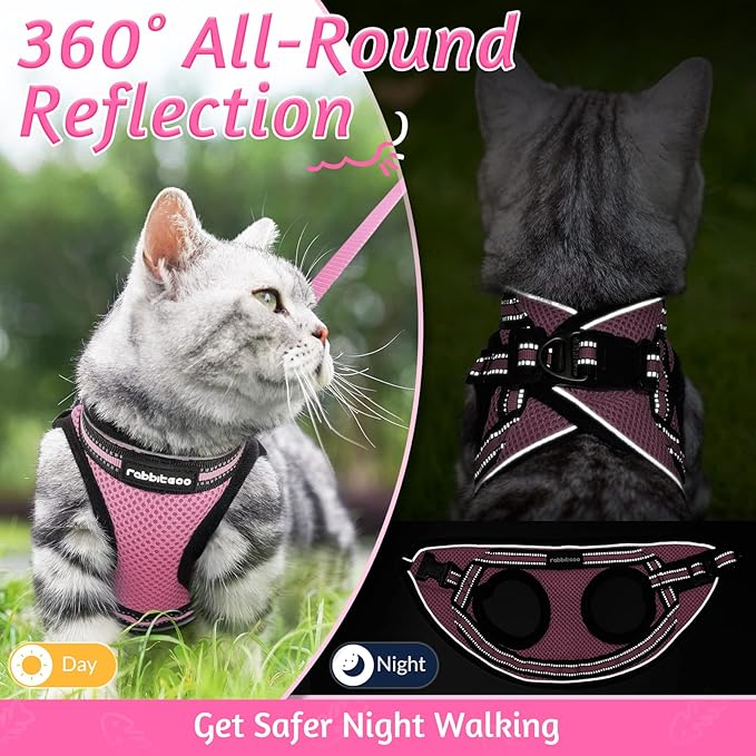 rabbitgoo Cat Harness and Leash Set for Walking Escape Proof, Adjustable Soft Kittens Vest with Reflective Strip for Cats, Comfortable Outdoor Vest, Pink, M