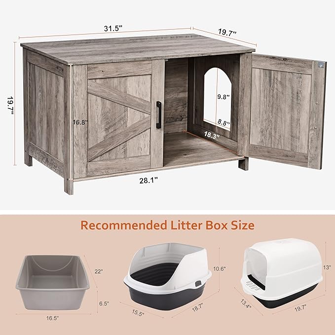 Cat Litter Box Enclosure,Litter Box Furniture Hidden with Barn Door,Wooden Cat Washroom Furniture,Cat House,Fit Most of Litter Box, Greige