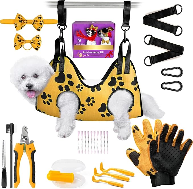 Pet Grooming Hammock for Nail Trimming - Complete Groomers Helper Set for Pet - Dog Grooming Hammock with Hook - Cat Nail Clipper - Dog Hammock for Nail Clipping (S, Gold with black paws)