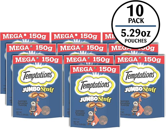 Temptations Jumbo Stuff Crunchy and Soft Cat Treats Savory Salmon Flavor, 5.3 oz. Pouch (Pack of 10)