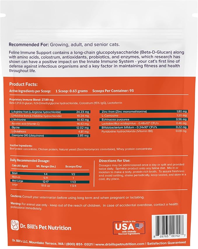 Dr. Bill’s Feline Immune Support Cat Vitamins and Supplements | Cat Immune Support | Colostrum Vitamins for Cats | Includes Beta Glucan, Lactoferrin, Colostrum, Zinc, Coenzyme Q-10, Bifidobacterium