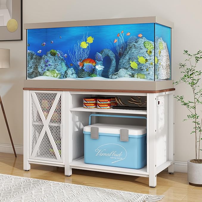 YITAHOME Heavy Duty 55-75 Gallon Aquarium Stand with Power Outlets, Cabinet for Fish Tank Accessories Storage - Metal Fish Tank Stand Suitable for Fish Tank, Turtle Tank, 880LBS Capacity, White