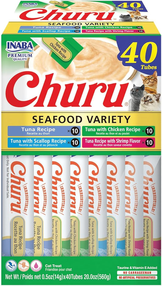 INABA Churu Cat Treats, Grain-Free, Lickable, Squeezable Creamy Purée Cat Treat/Topper with Vitamin E & Taurine, 0.5 Ounces Each, 40 Tubes, Tuna & Seafood Variety Box