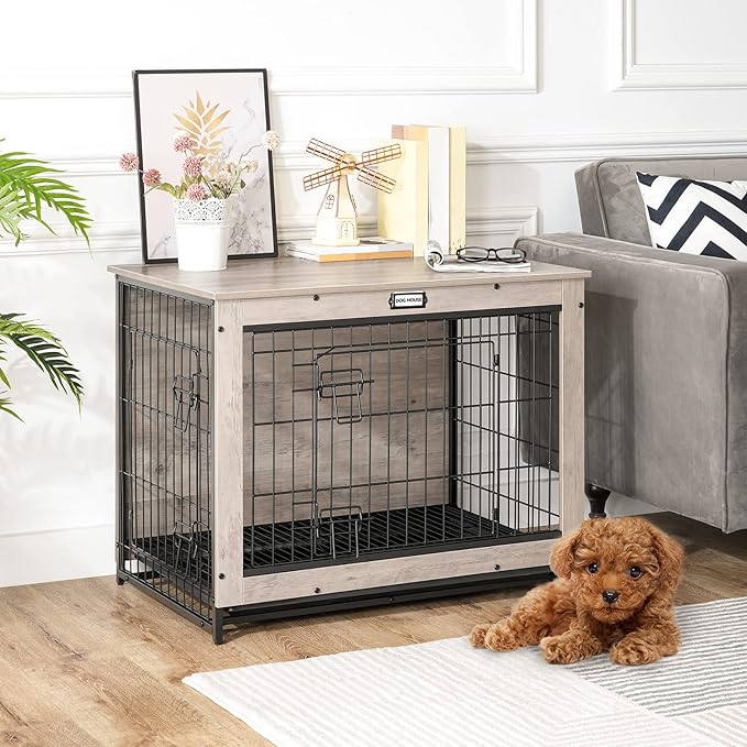 HOOBRO Dog Crate Furniture, 32.5" Medium Dog Kennel Indoor, Wooden Dog Crate with Pull-Out Tray, Double Doors Dog House, Modern Side End Table for Small/Medium Dog, Greige BG802GW03