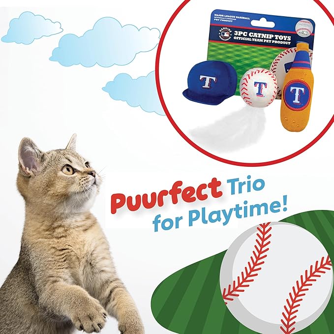 BEST PLUSH CAT TOY: MLB TEXAS RANGERS Complete Set of 3 piece Cat Toys filled with Fresh Catnip. Includes: 1 Baseball Cap Cat Toy, 1 Baseball Cat Toy with Feathers & 1 Beer Bottle. Beautiful Team LOGO