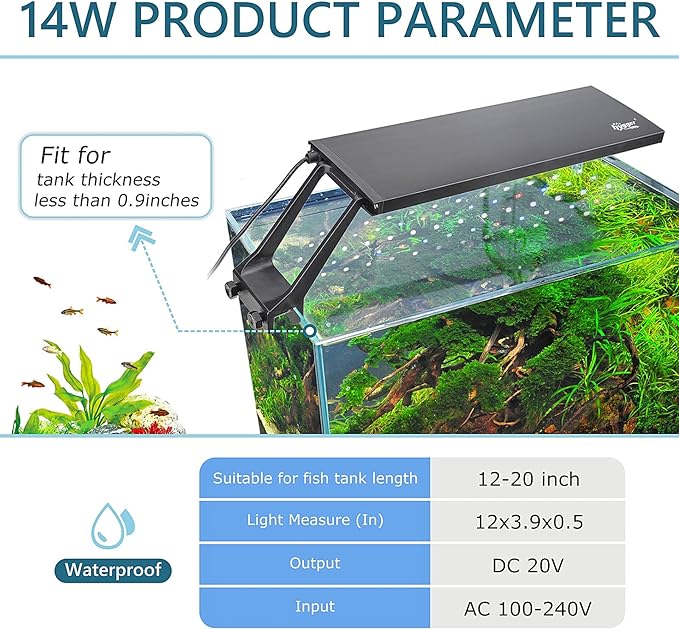 hygger Clip On 24/7 Lighting Aquarium LED Light, 14W Sunrise-Daylight-Moonlight and DIY Mode, Adjustable Timer / Brightness Fish Tank Light with 7 Colors for Planted Tank
