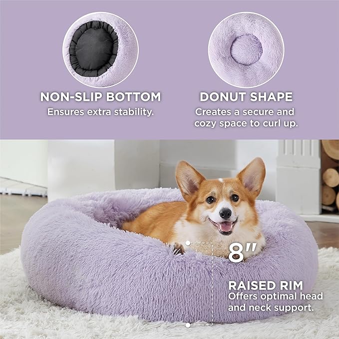 Bedsure Calming Dog Bed for Medium Dogs - Donut Washable Medium Pet Bed, 30 inches Anti-Slip Round Fluffy Plush Faux Fur Cat Bed, Fits up to 45 lbs Pets, Purple