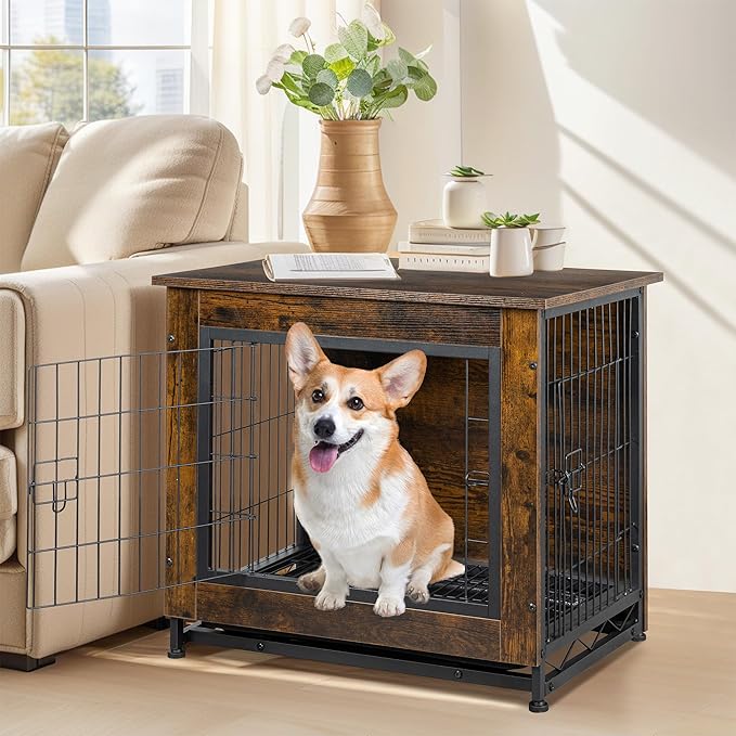 Shintenchi Wooden Dog Crate Furniture, Double-Doors Kennel Indoor with Removable Tray, End Table Dog Crate for Decoration, 32" L*22" W*25" H, Vintage Brown