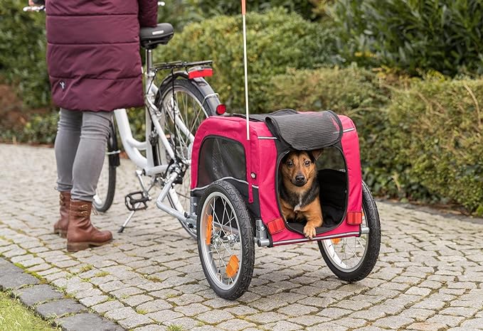 TRIXIE Dog Trailer for Bicycles, Dog Bike Trailer for Small Dogs up to 33 lbs, Quick Set-up and Fold Down, Red