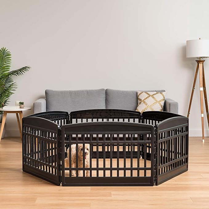 IRIS USA Dog Playpen, 6-Panel 24" Pet Playpen with Door, Puppy Playpen, Indoor/Outdoor Dog Pen, 60 x 60 x 24,Foldable, Customizable, Black