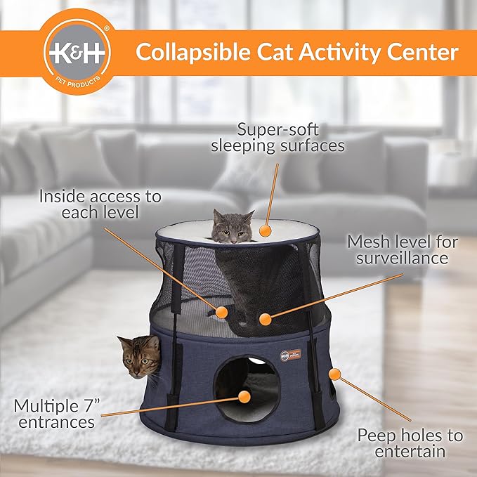 K&H Pet Products Cat Tower Tree Condo for Indoor Cats, Modern Cute Cat Hammock Bed, Kitten & Adult House Activity Center Playground Tree Cave Large Cozy Hideaway - 2 Level Denim 22 X 20