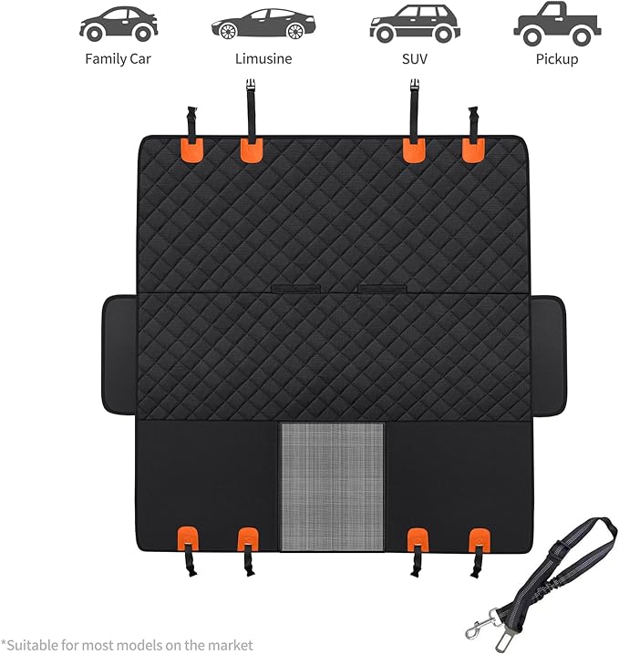 Dog Back Seat Cover Protector for Cars SUV and Trucks with Mesh Window, Scratchproof Nonslip and Waterproof Material Upgraded Version with Dog Leash(Black Orange)