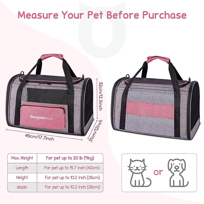 BurgeonNest Cat Carriers for Medium Cats Under 25 lbs, Pet Carrier for Cats with Unique Side Bag,Top Load Small Pet Carrier Soft-Sided Escape Proof with 4 Ventilated Windows