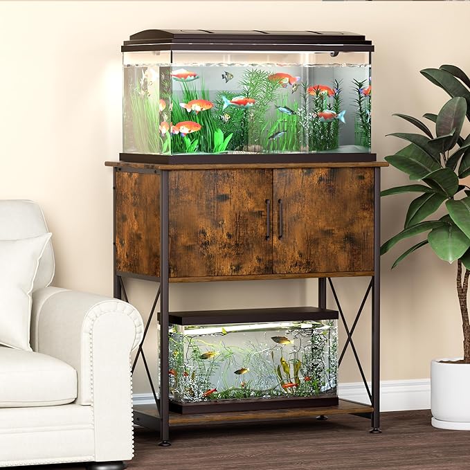 20-29 Gallon Aquarium Stand Metal Frame Fish Tank Stand with Cabinet Storage, for 20 Gallon Long Aquarium,30.7" L*16.5" W Tabletop,330LBS Capacity Rustic Brown and Black PG01YGN