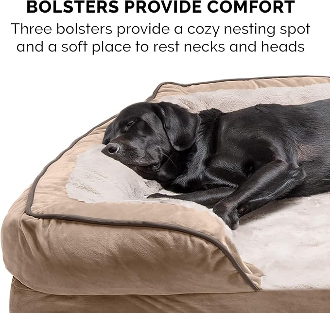 Furhaven Orthopedic Dog Bed for Medium/Small Dogs w/ Removable Bolsters & Washable Cover, For Dogs Up to 35 lbs - Plush & Velvet Waves Perfect Comfort Sofa - Brownstone, Medium