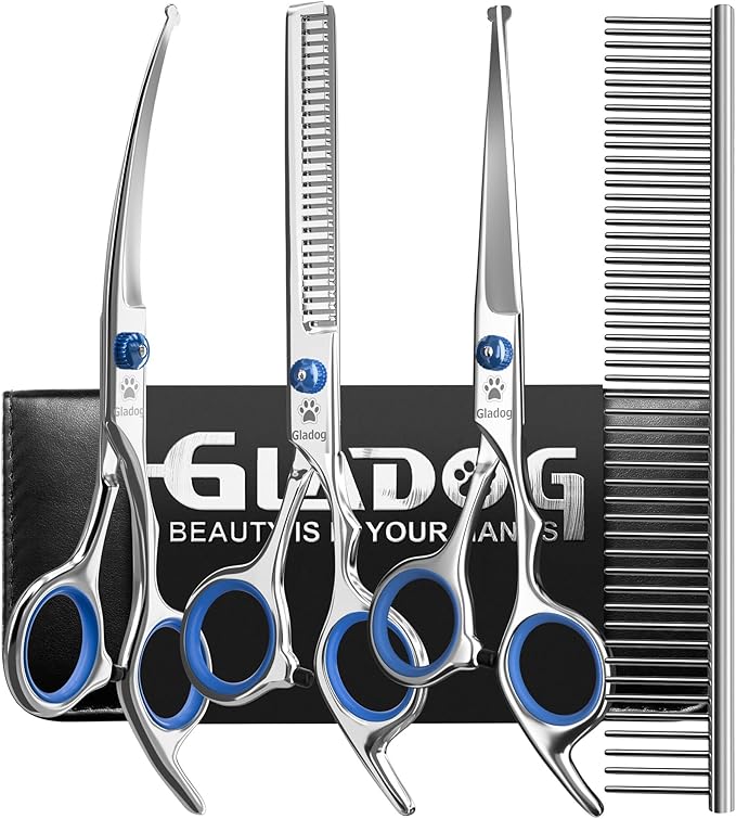 GLADOG Professional 5 in 1 Dog Grooming Scissors Set with Safety Round Tips, Sharp and Heavy-duty Pet Grooming Shears for Cats