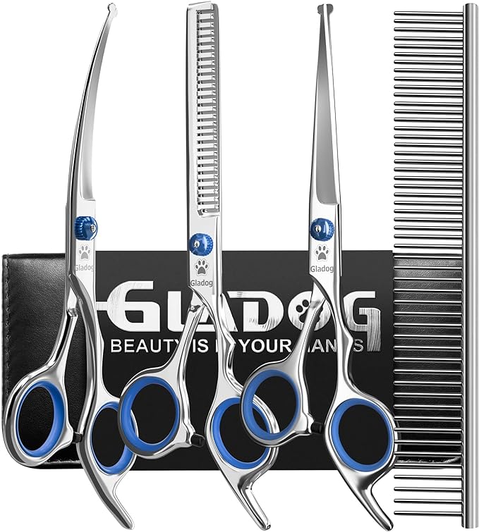 GLADOG Professional 5 in 1 Dog Grooming Scissors Set with Safety Round Tips, Sharp and Heavy-duty Pet Grooming Shears for Cats