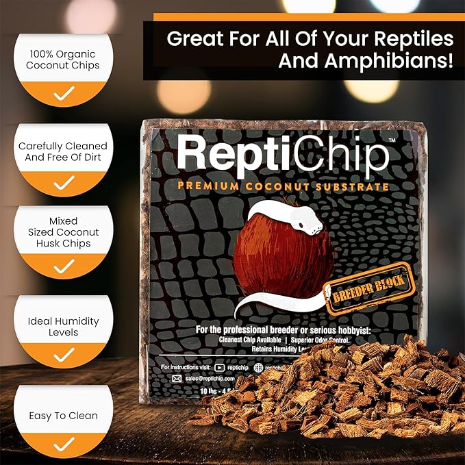 ReptiChip Reptile Substrate Coconut Chip Bedding 72 Quart Compressed Organic Coco Husk Block for Snake Habitat, Ball Python Terrarium, Turtle Tanks, Tortoise Enclosure (5 Pk)