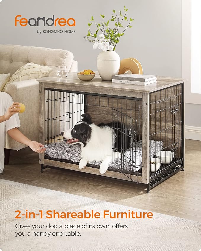 Feandrea Dog Crate Furniture, Side End Table, Modern Kennel for Dogs Indoor up to 70 lb, Heavy-Duty Dog Cage with Multi-Purpose Removable Tray, Double-Door Dog House, Greige UPFC003G01