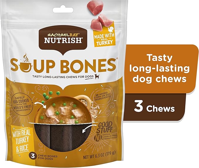 Rachael Ray Nutrish Soup Bones Dog Treats, Real Turkey & Rice Flavor, 3 Bones (Pack of 8)