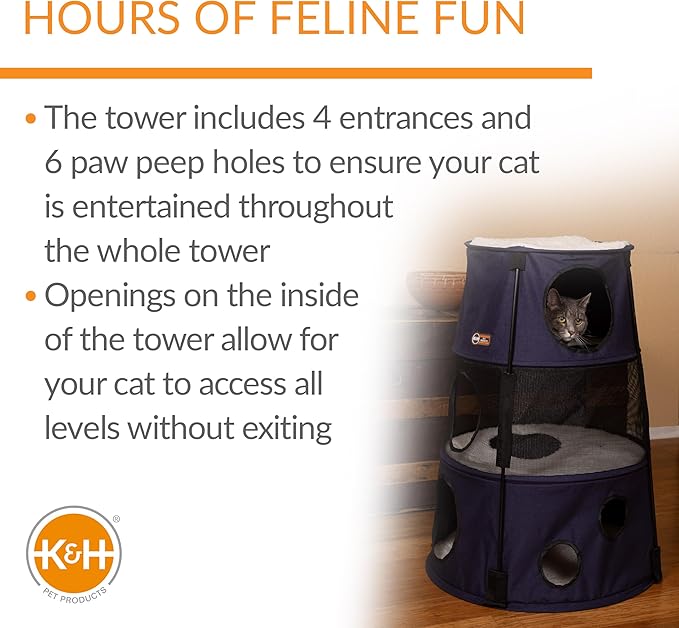 K&H Pet Products Cat Playground Bundle with 3 Level Tower + T Tunnel Tube + 2 Level Tower, Cat Tower Tree Condo for Indoor Cat Playground, Kitty Activity Tree Cave Cozy Hideaway Center, Denim