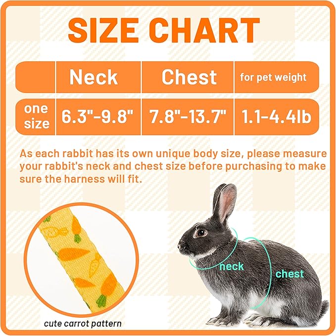 Rabbit Harness and Leash - Adjustable Bunny Harness Escape Proof for Walking Runnig Hiking Camping Outdoor - Yellow Carrot Pattern Cute Small Animal Harness Leash Set