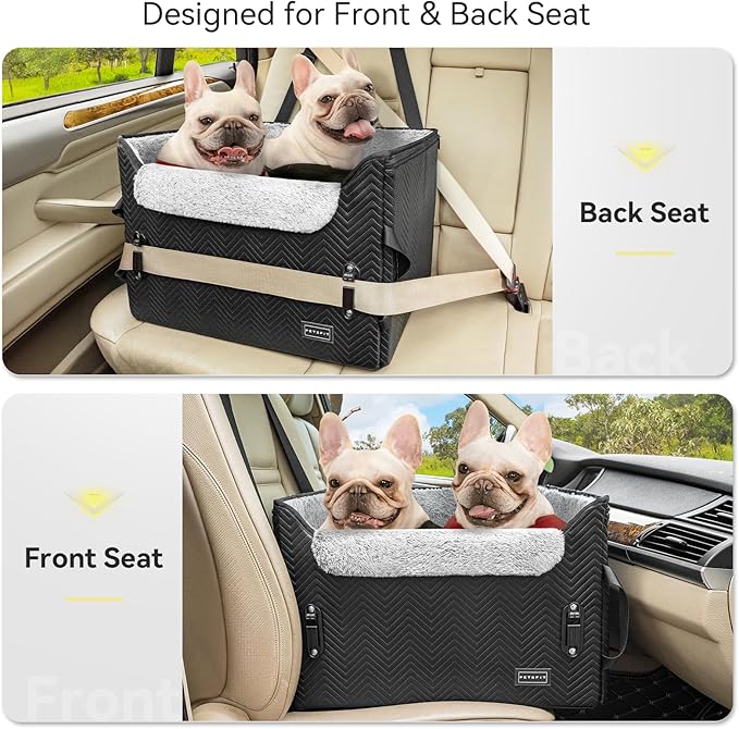 PETSFIT Dog Car Seat Medium Sized Dog, Waterproof PU Leather Dog Seat for Car with Patent Safe Buckles, 2 Clip-On Safety Leashes, Suitable for 2 Small Dogs or a Medium Dog (Medium, Black)