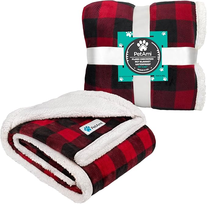 PetAmi Dog Blanket for Medium Large Dogs, Pet Bed Blanket Cat Puppy Kitten, Fleece Furniture Couch Cover Protector Sofa Car, Soft Sherpa Dog Throw Plush Reversible Washable, 40x60 Checker Red