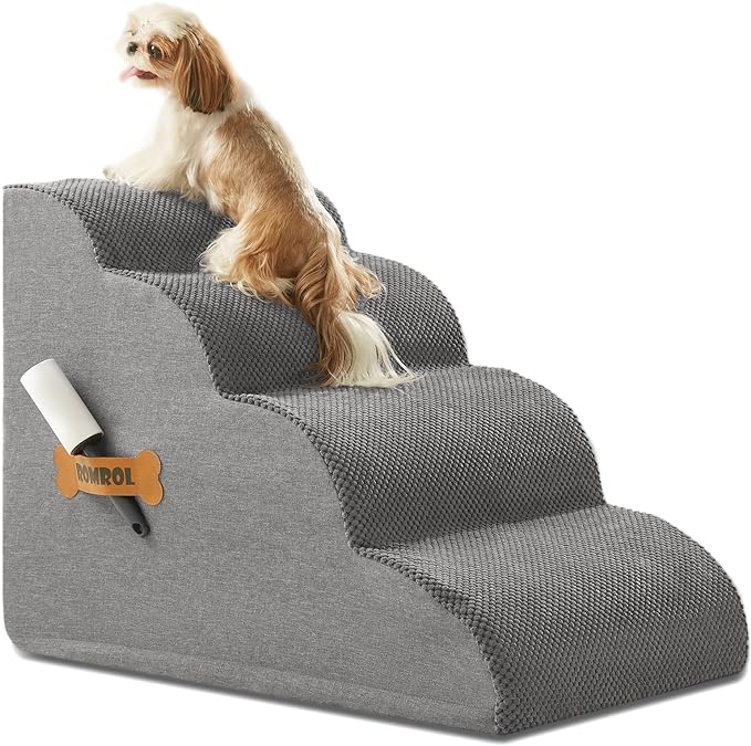 Dog Stairs, Romrol Dog Steps Ramp for High Bed and Couch, Dog Ramp with Durable Non-Slip Waterproof Fabric Cover, Pet Stairs for Small Dogs and Cats or Pets Joints, 4-Tiers,Grey