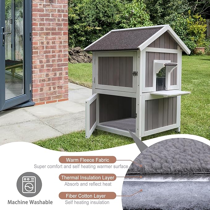 HiCaptain Outdoor Cat House for Outdoor Cats, Large Outside Weatherproof Feral Cat Shelter fot Multiple Cats, Unique Wooden Cat House with Balcony, Escape Door (2-story, Grey House with Mat)