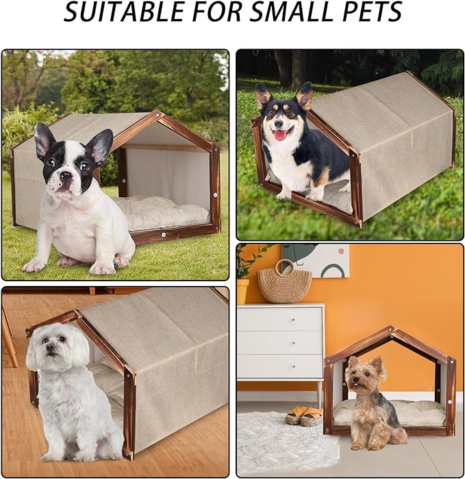 Dog House with Wooden Frame for Small Dogs or Cats Pet House with Fabric Cushion for Indoor (Beige)
