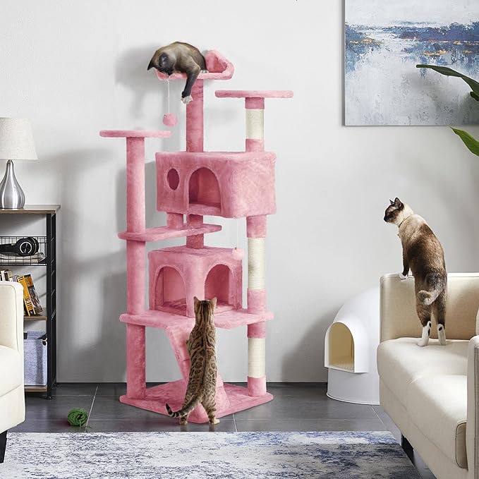 Yaheetech 62in Cat Tree Cat Tower for Indoor Cats, Cat Furniture w/Double Cat Condo, Scratching Posts, Multiple Platforms and Balls for Kittens & Cats, Pink