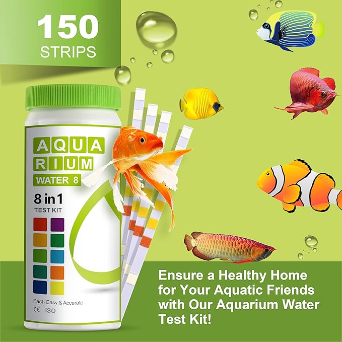 8-in-1 Aquarium Test Kit (150 Strips) for Freshwater & Saltwater - Quick & Accurate Water Testing for Aquariums & Ponds. Tests Free Chlorine, Hardness, pH, Ammonia Nitrogen, etc. (K02-150)