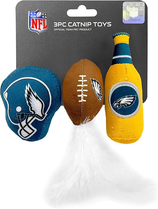 BEST PLUSH CAT TOY NFL PHILADELPHIA EAGLES Complete Set of 3 piece Cat Toys filled with Fresh Catnip. Includes: 1 Helmet Cat Toy, 1 Football Cat Toy with Feathers & 1 Beer Bottle. Beautiful Team LOGOS