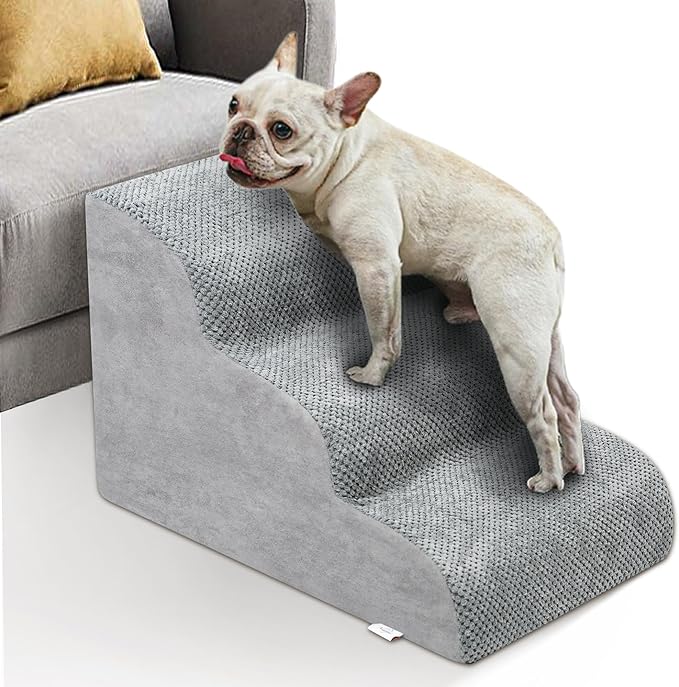 Dog Stairs for Small Dogs - High Density Foam Dog Ramp, Extra Wide Pet Steps with Non-Slip Bottom for High Beds, Couche and Sofa, Best for Dogs Injured, Older Dogs Cats (Grey, 3 Steps)