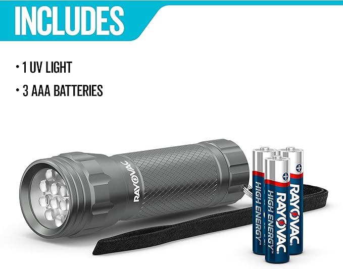 Rayovac UV Flashlight Black Light, Ultraviolet Light for Detecting Pet Stains and Auto Leaks, Flash Light with AAA Batteries Included, Pack of 1