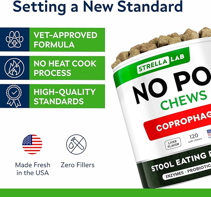 STRELLALAB No Poo Chews for Dogs - Coprophagia Stool Eating Deterrent - No Poop Eating for Dogs - Digestive Enzymes - Gut Health & Immune Support - Stop Eating Poop - Chicken Liver Flavor 120Chews