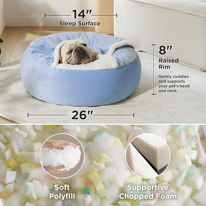 Lesure Medium Dog Bed with Cover Cave - Covered Round Dog Bed for Small and Medium Dogs, Machine Washable Burrow Pet Bed with Hooded Blanket, Cuddler Cozy Cave Dog Bed with Anti-Slip Bottom, Blue 26"