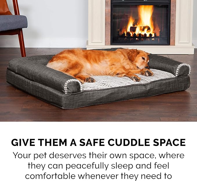 Furhaven Memory Foam Dog Bed for Medium/Small Dogs w/ Removable Bolsters & Washable Cover, For Dogs Up to 35 lbs - Luxe Faux Fur & Performance Linen Sofa - Charcoal, Medium