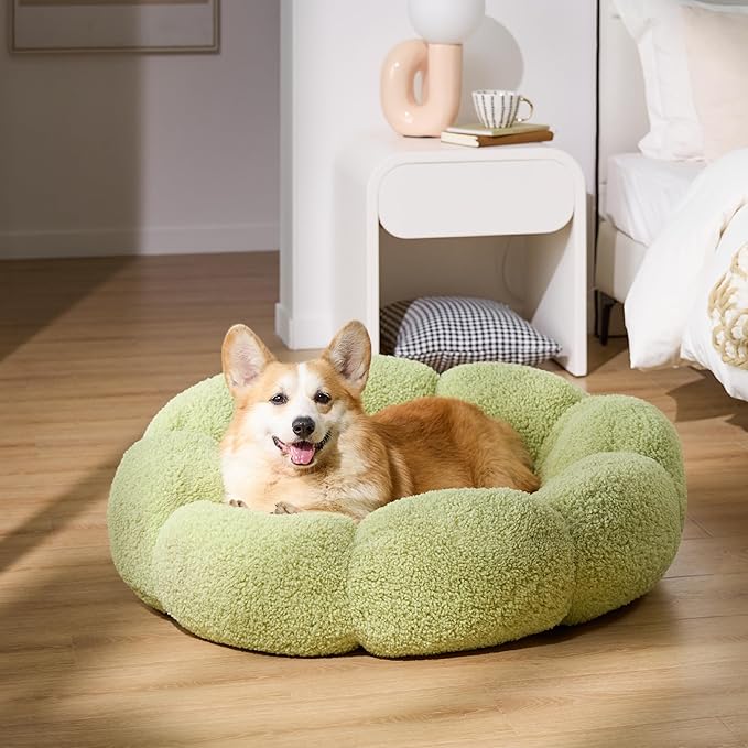 Lesure Calming Large Dog Bed - Flower Donut Round Fluffy Puppy Bed in Plush Teddy Sherpa, Non-Slip Cute Flower Dog Beds, Large Pet Bed Fits up to 100 lbs, Machine Washable, Green 36"