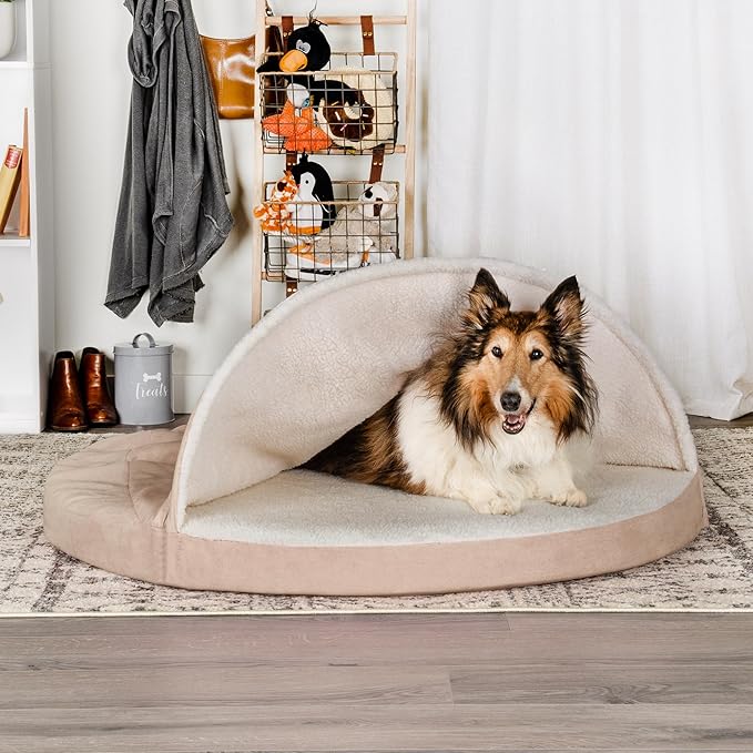 Furhaven 44" Round Cooling Gel Dog Bed for Large Dogs w/ Removable Washable Cover, For Dogs Up to 80 lbs - Sherpa & Suede Snuggery - Cream, 44-inch