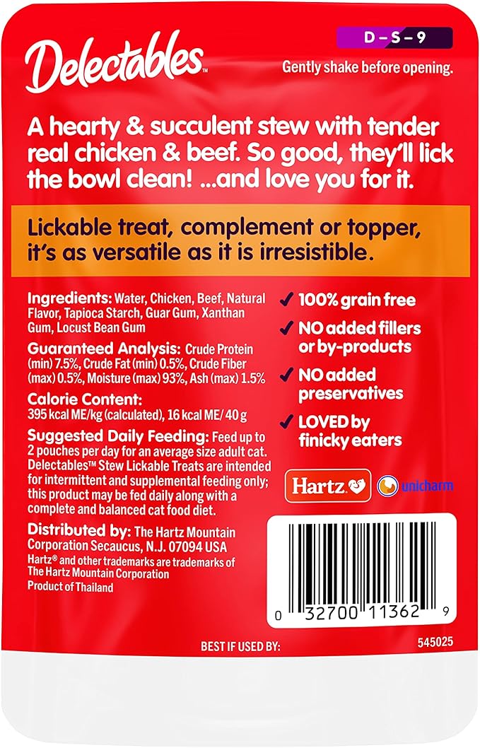 Hartz Delectables Non-Seafood Stew Lickable Wet Cat Treats, Chicken & Beef, 1.4 Ounce (Pack of 12)